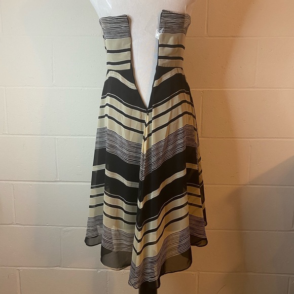 MM Couture by Miss Me Tan Black Stripe Strapless Party Cocktail Dress - Picture 9 of 11